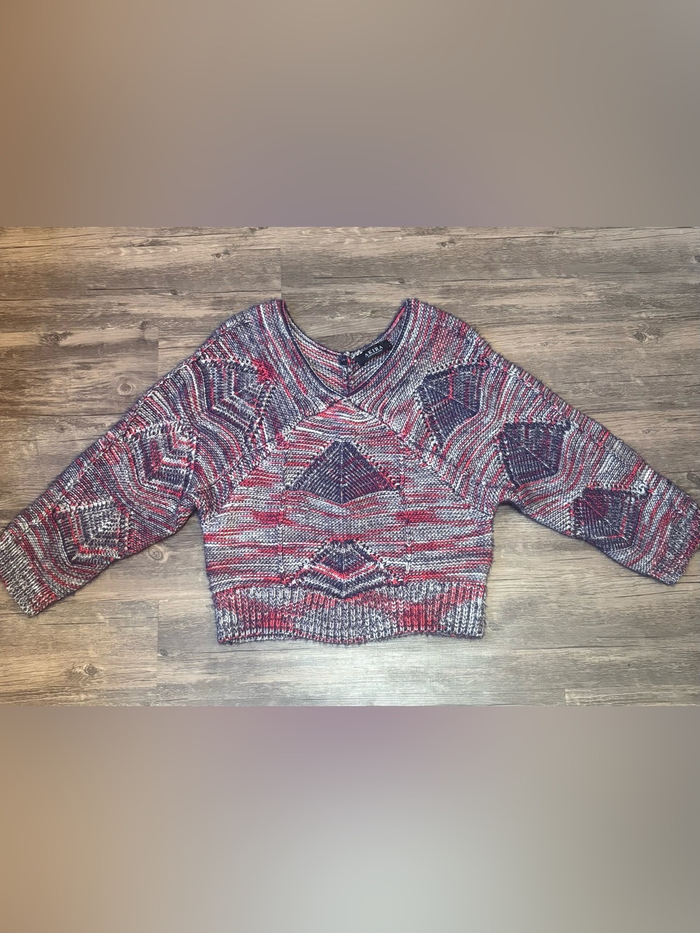 AKIRA Red, Gray & Navy Chevron Crop Knit Sweater